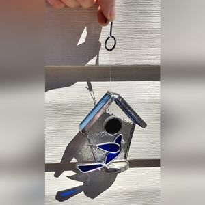 Vintage 3D Blue bird house slag stained glass sun catcher handmade cottagecore